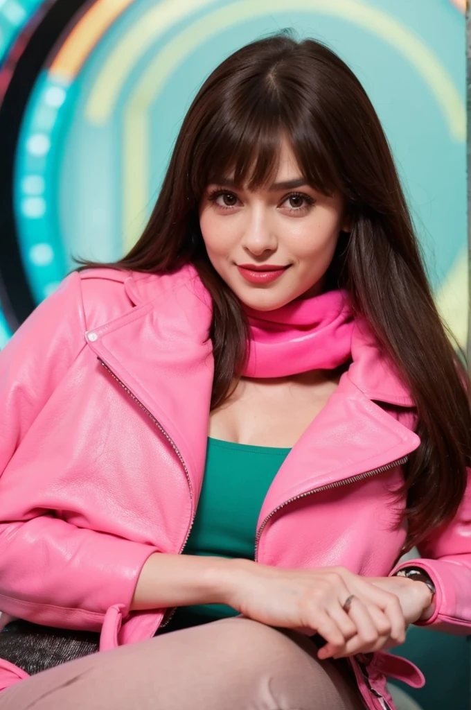 Photorealistic portrait, Armenian woman with cascading brown hair with bangs, half-body capture, genuine smile showcases warmth and cheerfulness, skin aglow with sensitivity, face delicately touched by soft make-up and radiant red lipstick, attired in neon pink leather jacket complementing her silhouette, paired with sleek skinny trousers and classic riding boots, accented by a tender scarf.