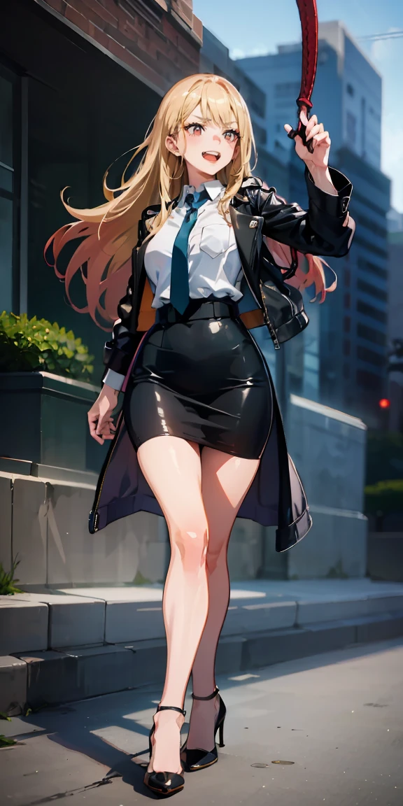 Marin Kitagawa,intenseglare,(best quality:1.6, highres), (beautiful detailed eyes:1.2), elevated, high-quality, beautiful face, 1 girl, leather pencil skirt, oversized leather jacket, blackbird, long hair, wide hips, landscape beautification, street, background, detailed background, sinister smile, angled laughter, long coat, blouse, tie, office woman, mature,((high heels)),A look of contempt,disgusting expression,((whipping:1.4)),((whip:1.4)),