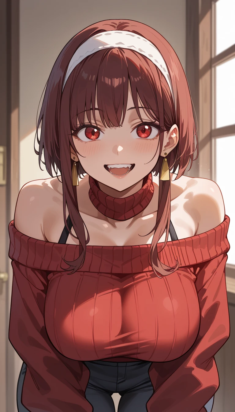 high resolution、​masterpiece、1girl in、Bjorf、A dark-haired、short hair with long locks、white hairband、Look up、Kamimei、bending forward、Opening Mouth、Show your teeth and smile、Bring your face closer、Red Eyes、Gold Earrings、Jewelry、off shoulders、Red Sweater、long-sleeve, large breast