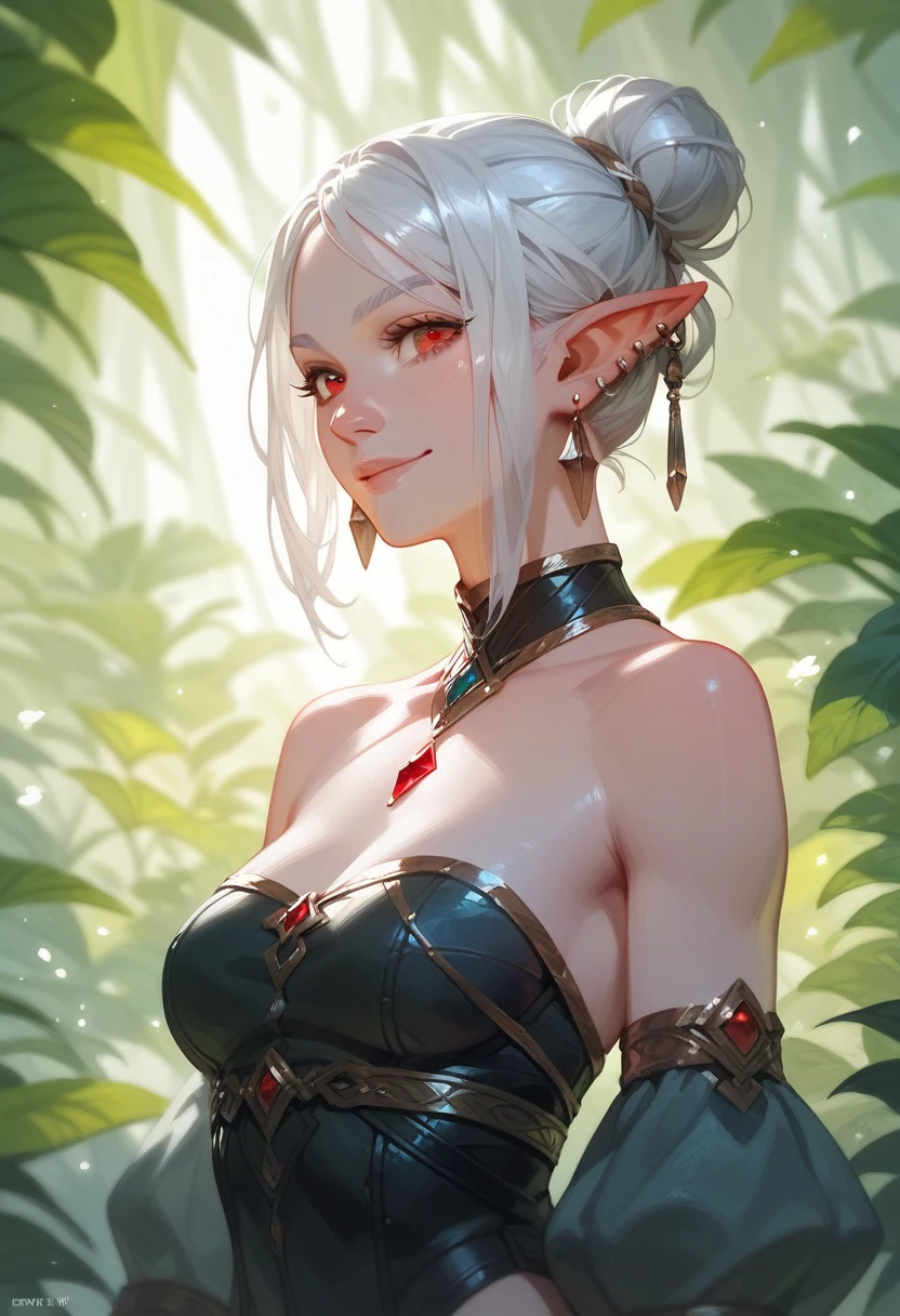 High quality, perfect anatomy, detailed illustration style, model pose, elf, one female, solo, short hair, multi-colored hair, topaz blue eyes, hanging eyes, glossy red lips, smiling, closed mouth, small breasts, halter neck sleeveless dress, abstract forest background