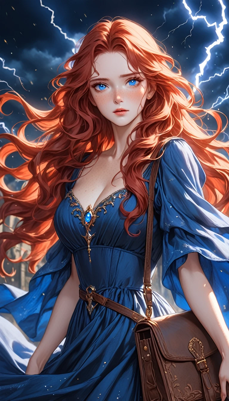 Mature Woman with red wavy long hair, many freckles, light blue eyes, longeyelashes, blush, dark blue fantasy long dress, brown bag, fantasy, medieval, masterpiece, anatomically corrected, cinematic lightning