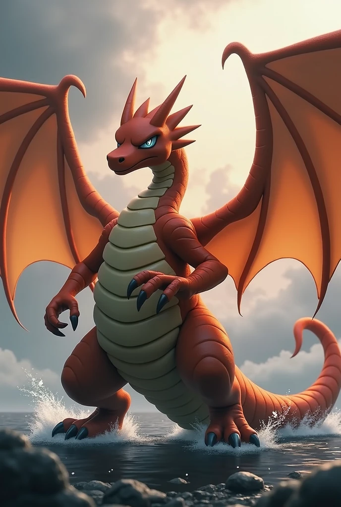 male red dragon with wings and a spiked penis on a deserted beach