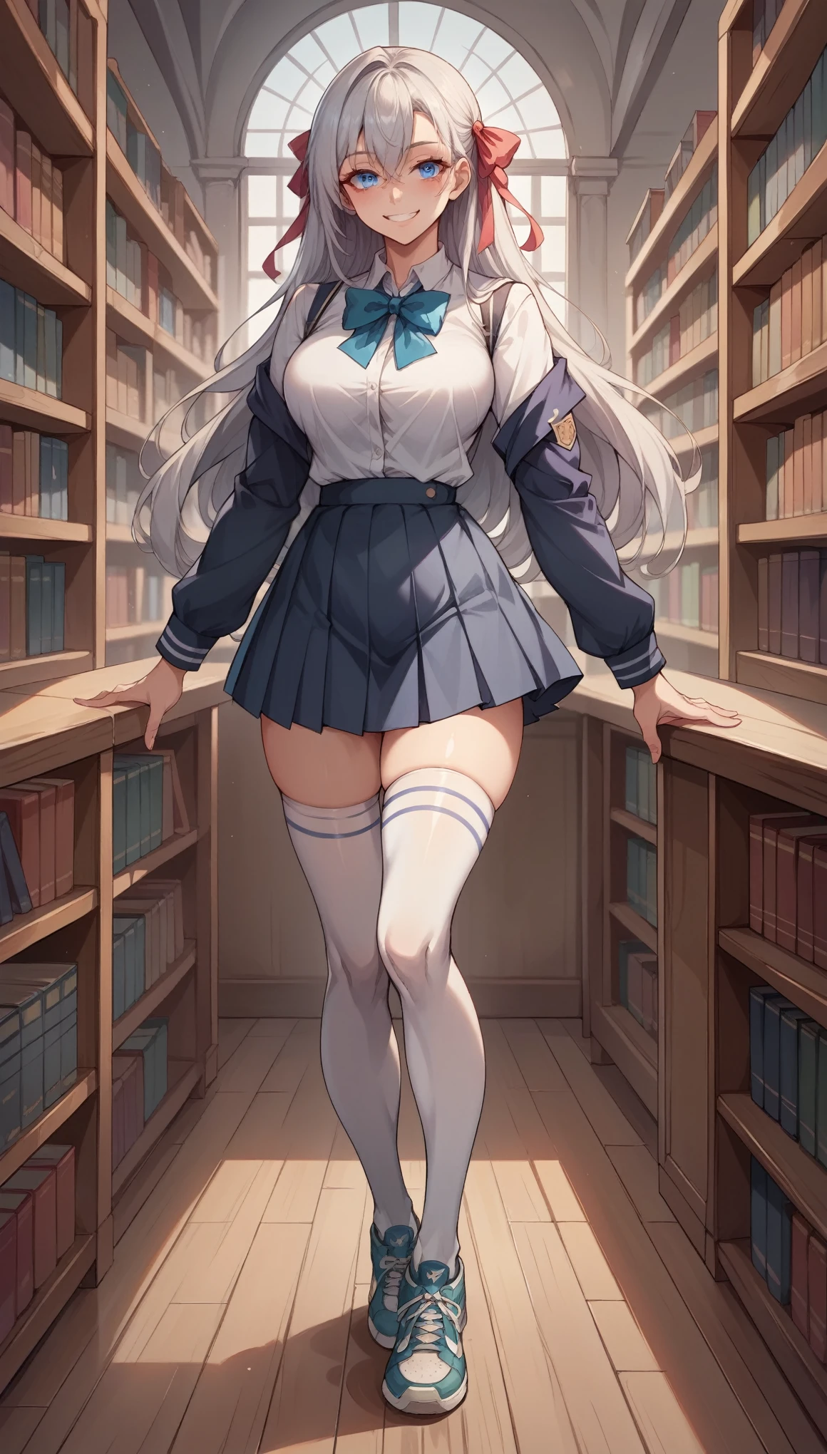 ultra-detailed, 1girl, alisa mikhailovna kujou, tooki bosotto roshia-go de dereru tonari no arya-san, ((masterpiece)), (best quality), (highres), 16K, blue eyes, silver hair, hair between eyes, hair ribbon, long hair, school uniform, black miniskirt, white thighhighs, red panties, sneakers, busty body, showcasing cleavage, looking at viewer, smile, detailed face, detailed hair, detailed full body, library background