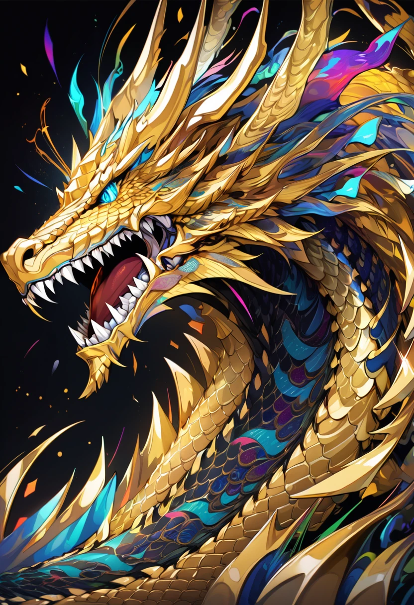 A masterpiece drawing of a super detailed golden king dragon. Open mouth. sharp canine teeth. made with extraordinary precision and detail. combined with sparkling gold scales combined with silver. glowsi black background. Psychedelic Art elements. abstract.