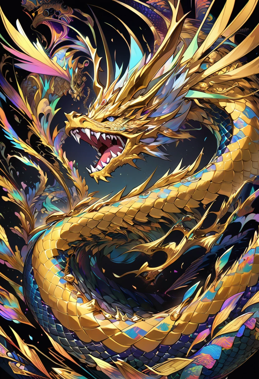 A masterpiece drawing of a super detailed golden king dragon. Open mouth. sharp canine teeth. made with extraordinary precision and detail. combined with sparkling gold scales combined with silver. glowsi black background. Psychedelic Art elements. abstract.