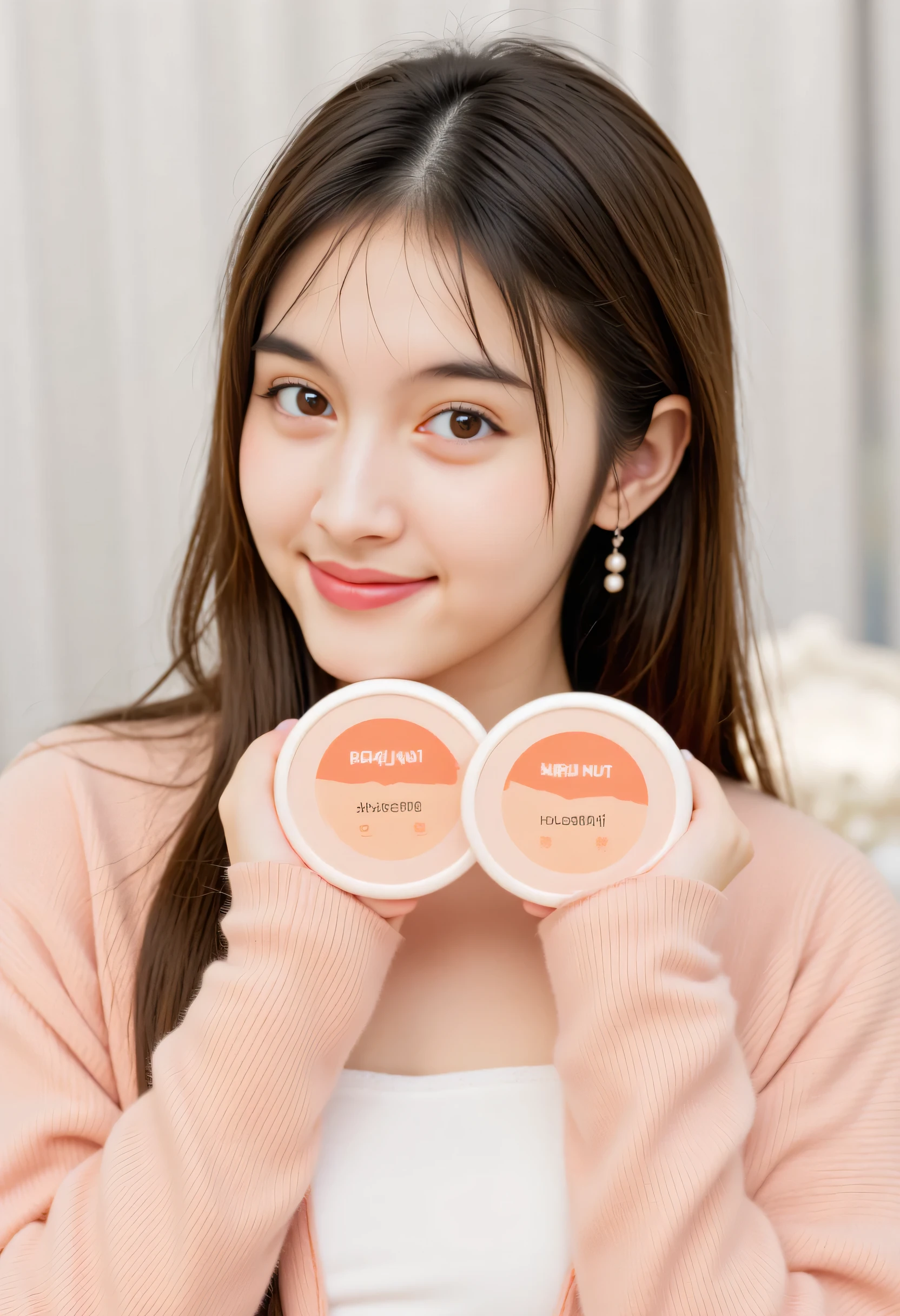 แจก prompt เผื่อใครปรับใช้กับสินค้าตัวเองครับ
Create an image featuring a cheerful, young Thai woman with fair skin, long dark hair, and a radiant smile. She is holding two round peach-colored cosmetic compacts with the brand name ‘kru Nut’ printed on them. The woman is wearing a light peach-colored cardigan with buttons down the front, styled casually over a white tank top. She playfully sticks out her tongue slightly, adding a fun and lighthearted vibe. The background is softly blurred with a bright, pastel hue, giving a clean and fresh look that highlights the product and the model’s glowing complexion.