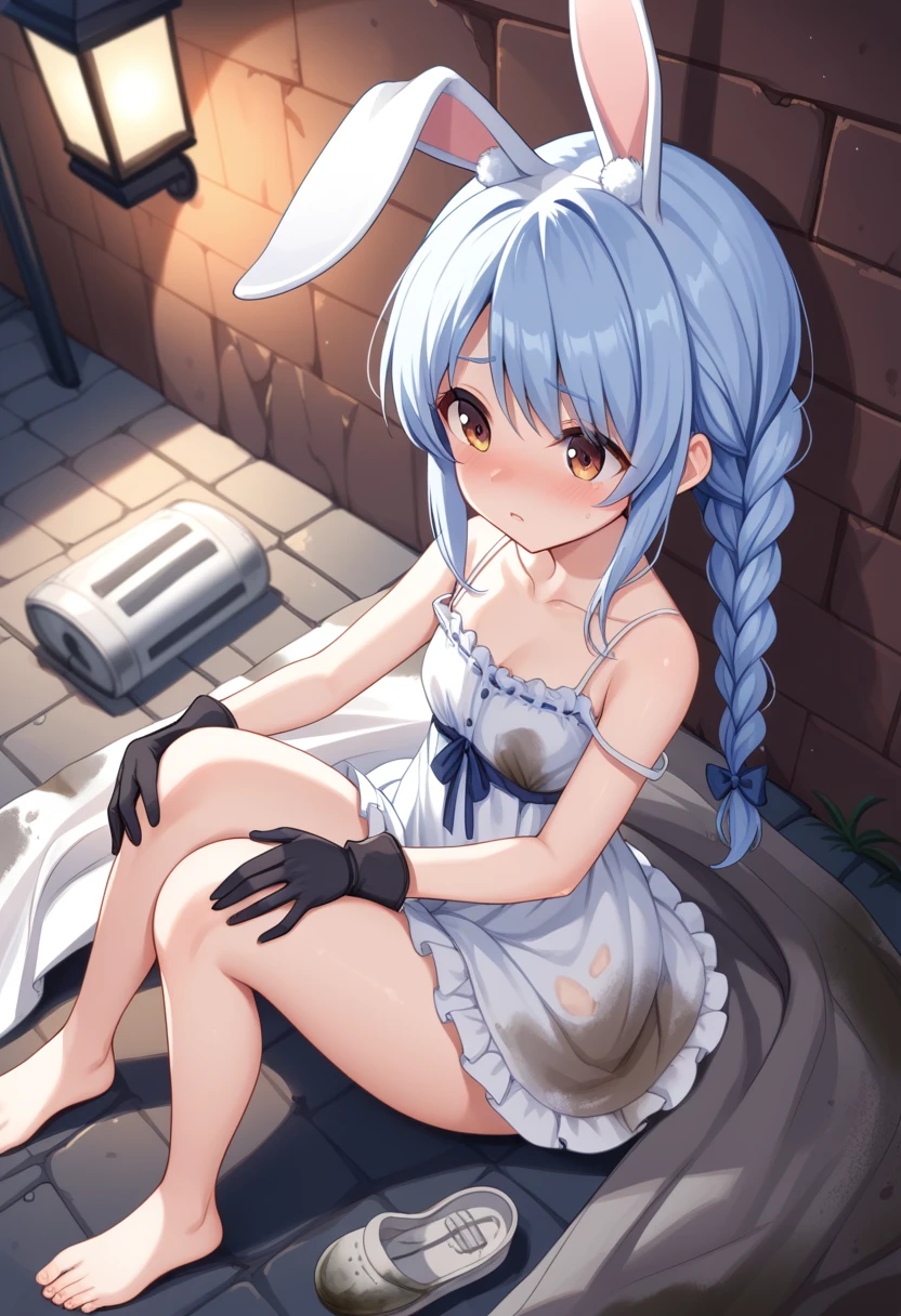 ((sitting on Dirty blanket,bent legs, she grabbing a few bills, holding knee, closed legs,)), 1girl, usada pekora, (simple  Camisole dress:1.5, Dirty clothes,simple dress,),rabbit ear, blue hair, twin braids,black gloves,braid,white hair, blush, dazed face, dark eyes, flowing tears, blush,, at night,, Background: Gap between buildings, Camping Lantern, dark back alley,dark, Dilapidated, dusty,night town,in shadow, building wall, from above