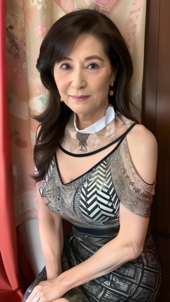High image quality, High image quality, attention to detail , masterpiece,( saggy body), anatomically accurate body that brings the breast to the center , sharp, (( Japanese:1.1)),(( mature woman )),(90-year-old woman:1.5),((Facial wrinkles)), Dark brown hair ,(Long Hair:1.1), bangs,((( sitting ))), Standing in the Center of the Screen ,Looking at the photographer,( Patterned Sheer Blouse :1.4),( Tight Skirt :1.2),( head to thigh :1.1),I'm in the cabaret,( serious expressions:1.2),(elder:1.5),Backstreet Hostess :1.3,Thin face,sharpcontour