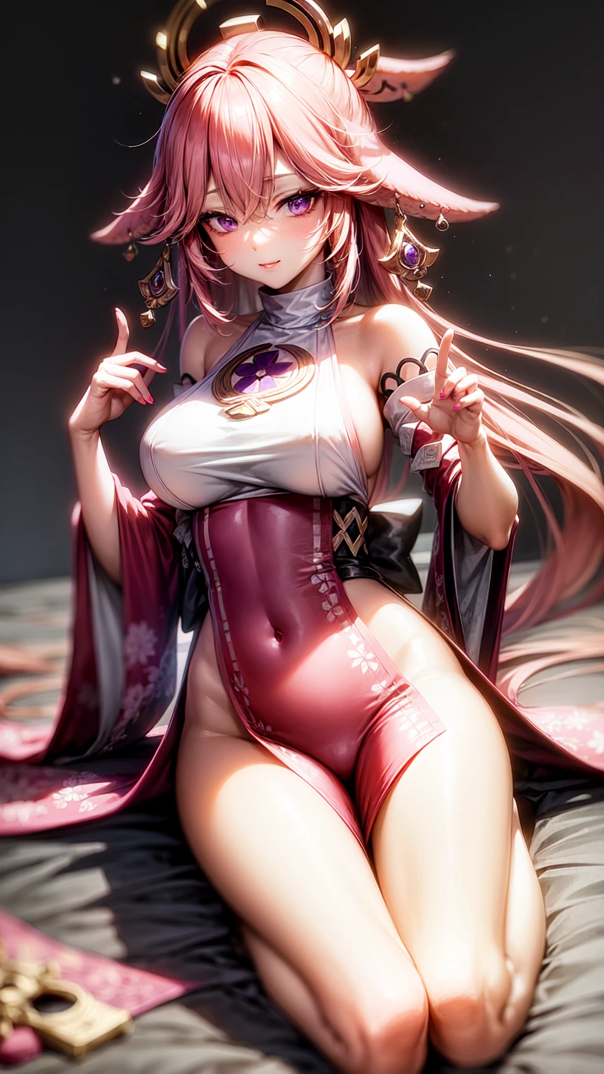 Yae Miko(purple eyes)(Wedding Dress)(beautiful legs)(beautiful)(from below)(sexy)