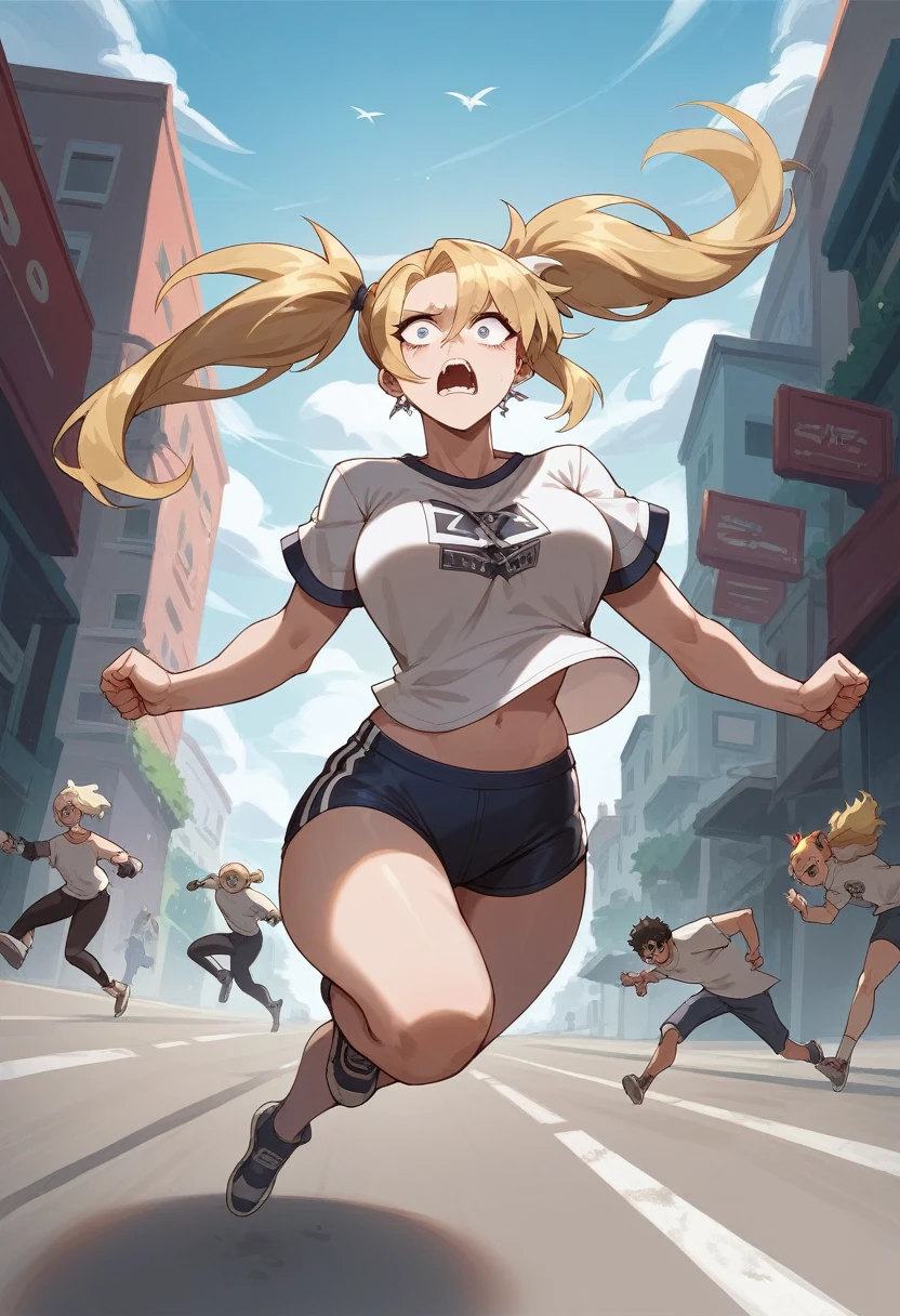 burnice white zenles zone zero,  big breasts shirt, rostro friendly,  twintails ,blonde, friendly, latex clothing,  scared , in a hurry,  running away from someone , Agitated