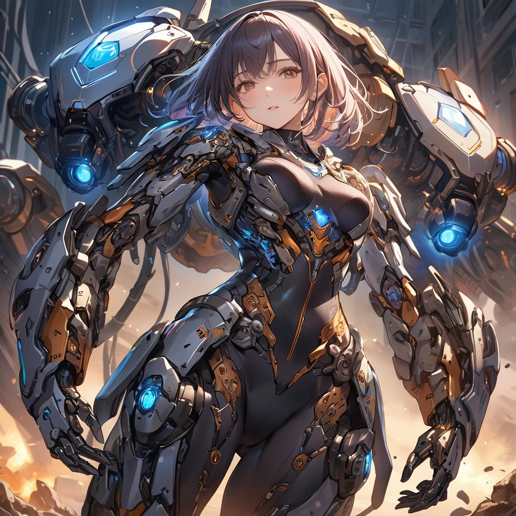 (Perfect Anatomy:1.4,Highest quality、超High resolution、High resolution、Highly detailed CG、8K Unit Wallpaper),4K、masterpiece、Vibrant, Imaginary image of a girl in a mecha suit, Fly gracefully across the battlefield of the future. The girl is full of energy, Bright colors contrast with muted hues, The mechanical beauty of the suit. The suit's vibrant colors and intricate details、Sophisticated, Mecha futuristic design. A wide-angle lens is used in the background., Emphasize the dynamic nature of the scene. wide aperture, High resolution, telescope lens