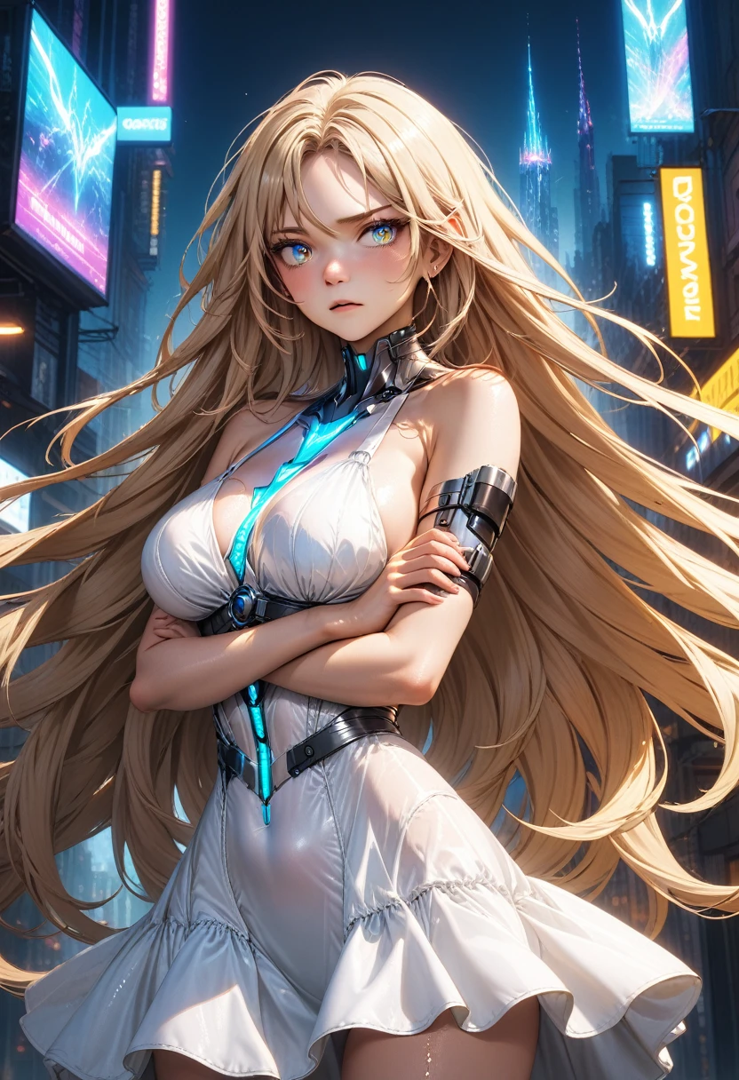 Elf with golden hair, intricate perfect beauty face, detailed sharp galaxy glowing eyes, detailed face, (((from face to the waist))), (((beauty shape))), ((in realistic white neon-lit sci-fi plugsuit costume)), masterpiece, 4k, UHD (((wearing golden gauntlet with hyper realistic and detailed black)))