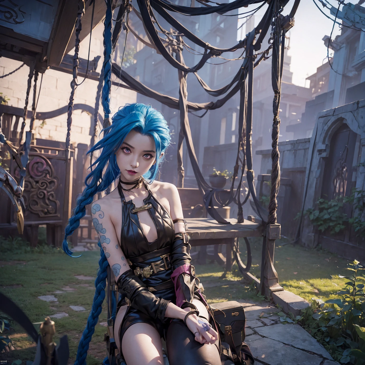  Represents Jinx from 'Arcane' in a seductive and provocative pose,   sitting on a swing in a garden, Neoromanticism, Rococo , by Takeuchi Seihō , Anime girl, Full Art, ilustración de Full Art, official art,  illustration of an official character ,  shot from an extreme low angle ,  walking towards you 