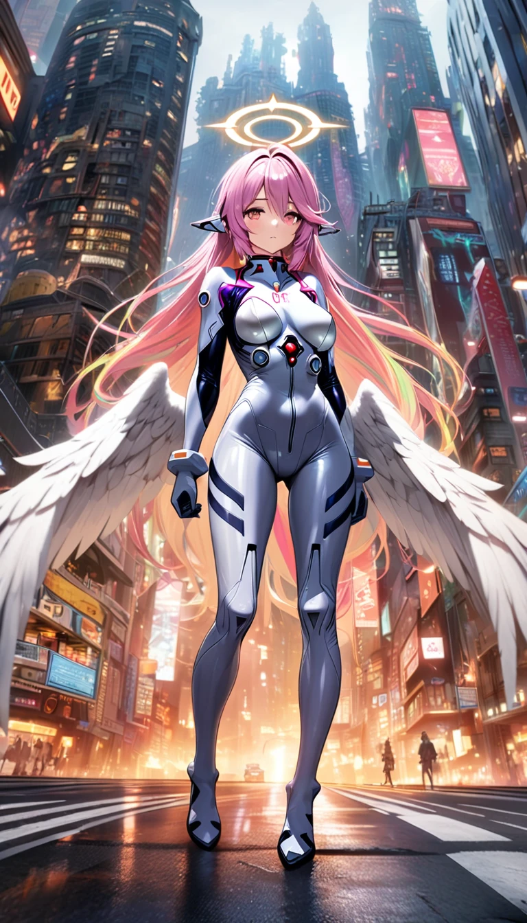 jibril,(big breast),(big white wing),(angel wing),(glamorous),full body,(girl towering over miniature city),(front view:1.5),plugsuit,latex bodysuit,shiny bodysuit,colorful hair,halo,sharp focus,extremely detailed CG,expressionless,realstic,(mechanical ear),standing,road:0.3,high angle:0.8