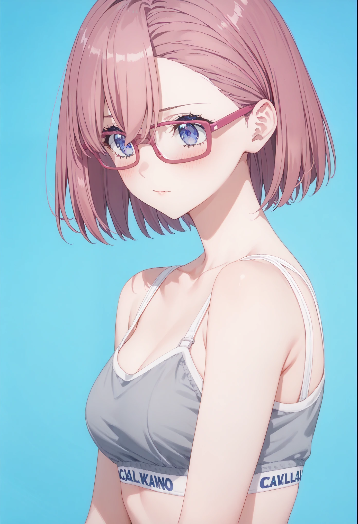 score_9, score_8_up, score_7_up, source_anime,1girl ,alone,nude,Calvin Klein bra,Calvin Klein panties,grey underwear,, ririsaamano, short hair, glasses, blue eyes, pink hair, bangs,