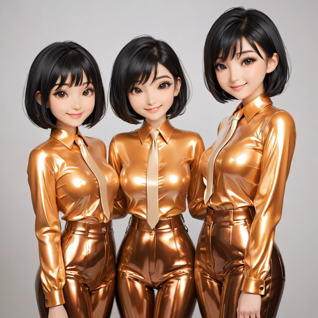 4 japanese girls,  buttoned in extremely tight shiny copper latex blouse in the photo studio, Are ,  black hair, bob cut, Breasts, Lens reflection, Reflected light, jeanshose, jeanshose, Necktie, smile,