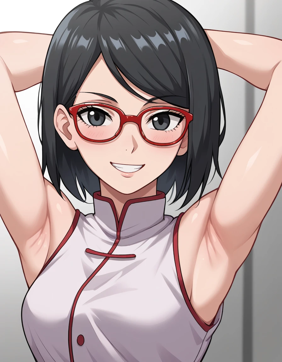 Boruto,(sarada uchiha, short hair, black hair, black eyes, red-framed eyewear, glasses, swept bangs:1.1)(Armpit,脇の皺:1.3)，(スチーム，スチームimg:1.1)， 赤いドレス,恥ずかしい,rest room,smile