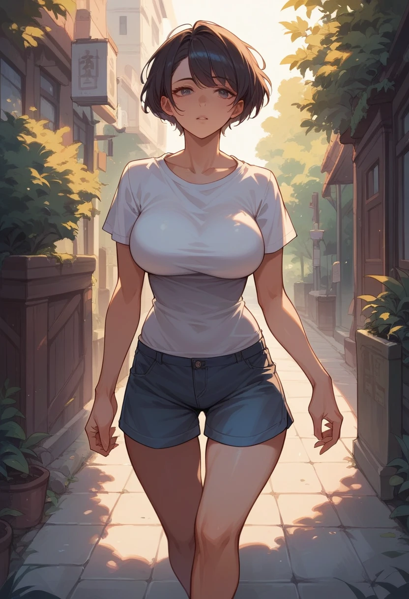 Beautiful student ,  big breasts shirt,  short hair, innocent ,  walking home at night