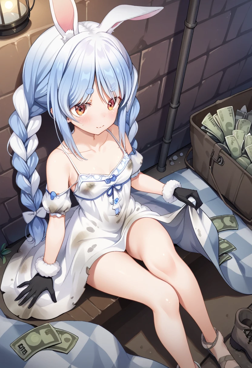 ((sitting on Dirty blanket,bent legs, she grabbing a few money, holding knee, closed legs,)), 1girl, usada pekora, (simple Camisole dress:1.5, Dirty clothes,simple dress,),rabbit ear, blue hair, twin braids,black gloves,braid,white hair, blush, dazed face, (flowing tears), blush,, at night,, Background: Gap between buildings, Camping lamp on ground, dark back alley,dark, Dilapidated, dusty,night town,in shadow, building wall, from above