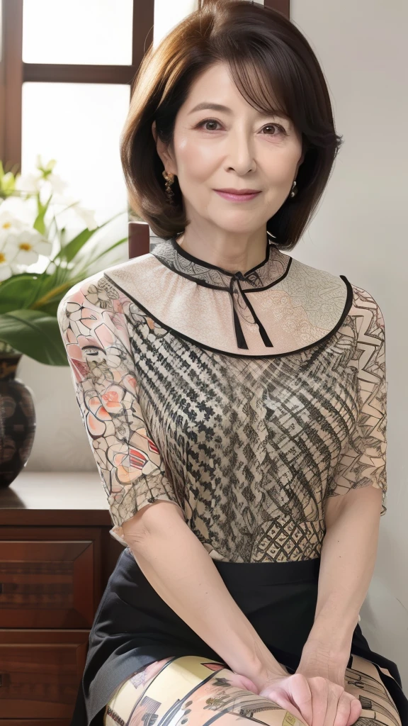    High image quality, High image quality,  attention to detail   , masterpiece,(  saggy body),    anatomically accurate body that brings the breast to the center , sharp, (( Japanese:1.1)),(( mature woman )),(90-year-old woman:1.5),((Facial wrinkles)), Dark brown hair  ,(Long Hair:1.1), bangs,(((  sitting ))),  Standing in the Center of the Screen ,Looking at the photographer,( Patterned Sheer Blouse :1.4),(  Tight Skirt :1.2),(  head to thigh  :1.1),In the bedroom,( serious expressions:1.2),(elder:1.5),Ordinary housewife:1.3,Thin face,sharpcontour