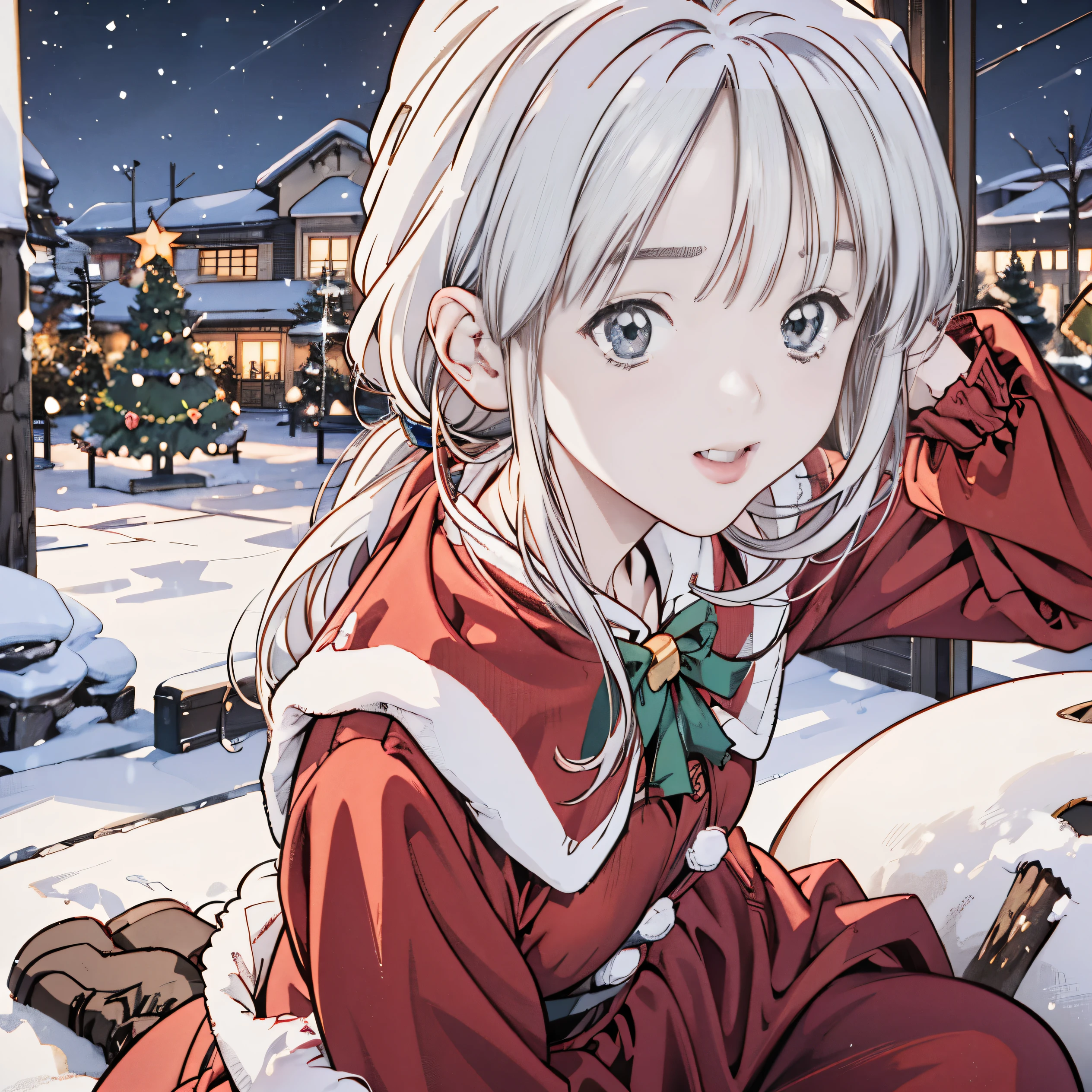 ((8k、Realistic、 RAW photos from the last century、Best Quality: 1.3)、（real skin）,beautiful expression、 super high definition、(Anime Girls In Christmas Uniforms ,Fluffy)、 soft、 slender body sitting in a rock bath ,Curvy , Beautiful detailed face,( one girl playing pranks,長い silver hair, ponytail,Glasses ),beautiful、 Shows Attractive and Unrealistic ,Honey, anime girl ,Pixiv, Fascinating  anime girl , mischief, mischief anime style, Iori, big soft boobs ,Honey, Has a walking stick , laughing shyly 、 ponytail , silver hair ,, Christmas Costumes ,Glasses , smiling shyly 、background：Snowfield、 Christmas trees、Snow is falling、 imaginary、Holy Night、 snowman、