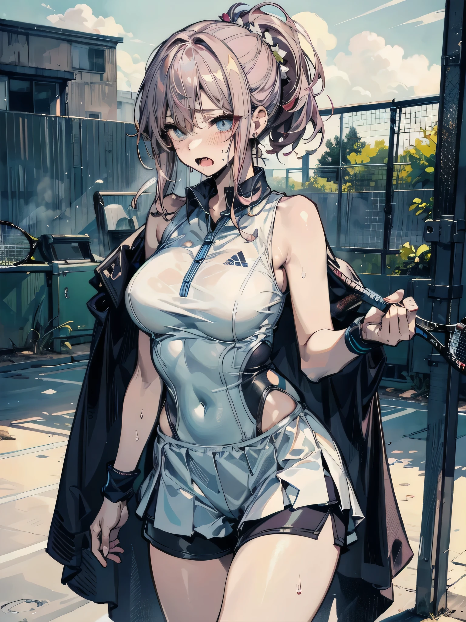 absurdres, RAW photo, extremely delicate and beautiful, masterpiece, Best Quality, ultra high resolution, 32k, hyperrealistic, ultra-detailed description, perfect anatomy, correct body, super Detailed skin, perfect figure, Perfect Style, Perfect balance, ideal ratio body proportions, in her 20s, very Slim body, narrow waist, very small head, very small face, delicate facial features, very detailed eyes and face, realistic face proportions, tearful mole, earring, very huge round tits, medium hair, asymmetrical hair, wavy hair, sidelocks, hair behind ear, half updo, thigh, knees, eye rolling, drooling, with tongues, saliva, open mouth, blush, sweat, embarrassed, steaming body, heavy breathing, female orgasm, trembling, cowboy shot, outdoor, ((Tennis uniform)), bare shoulders, shorts,