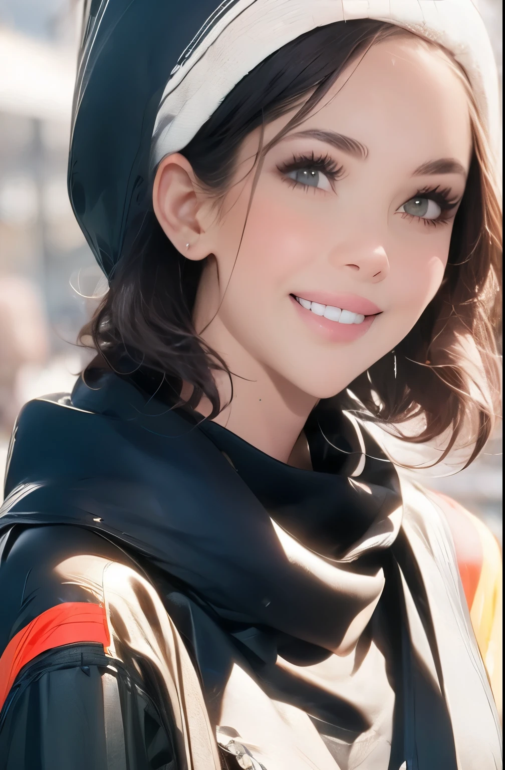 short black_hair, blurry, blurry_background, blurry_foreground, bokeh, green_eyes, blushing, , cosplay_photo, depth_of_field,, lips, greek port, front view,, colourful beany, striped scarf and christmas jersey, middle distance, full body