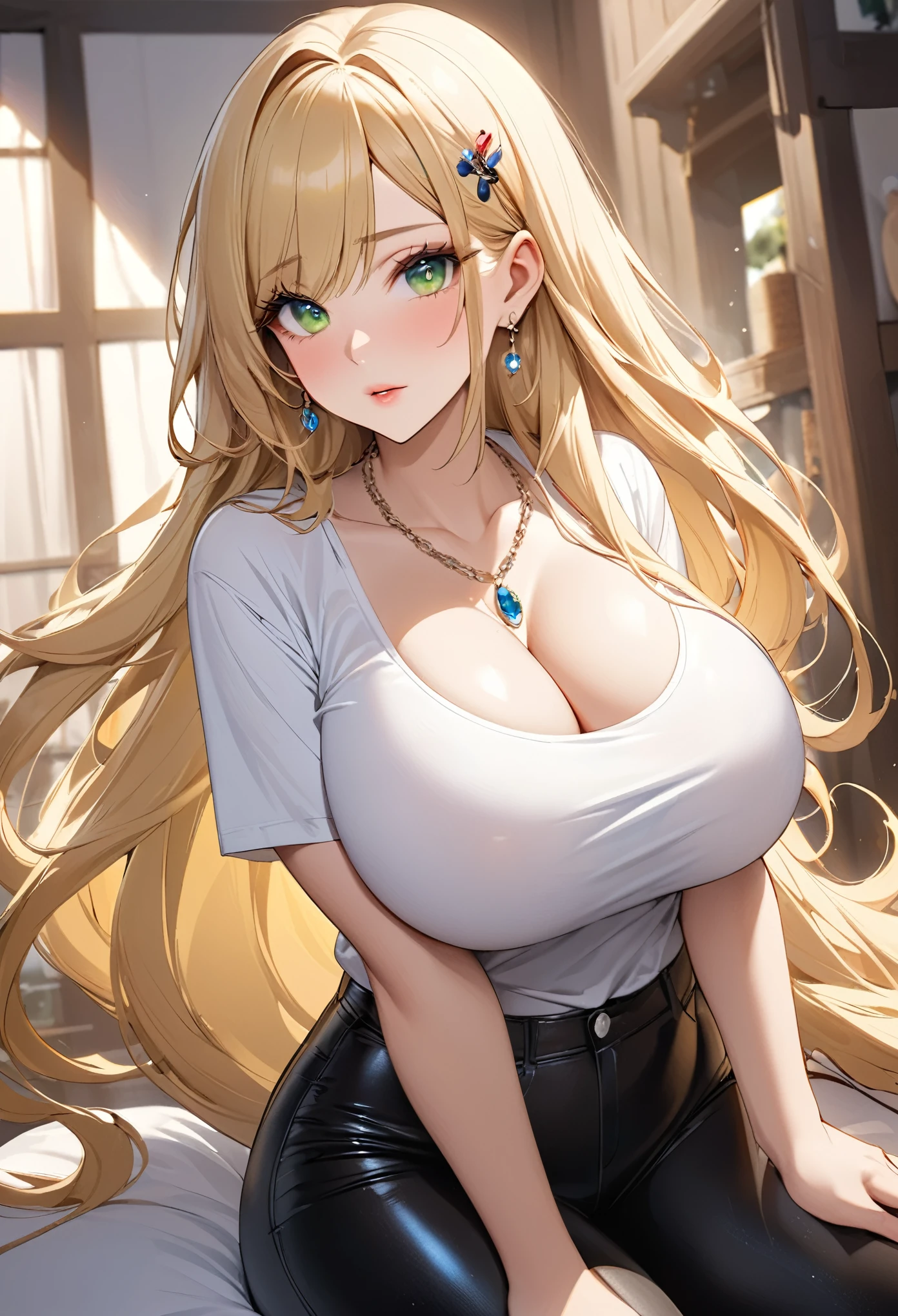 (( best quality)), ((masterpiece)), (details), Miss,  alone, ( big breasts , blond,  green eyes, ((Very long hair)), curve, Big ,  huge breasts , thigh,  beautiful face ,  beautiful skin  , Long eyelashes, Thick eyelashes), Vivid colors,  soft lighting, Dreamy atmosphere, Hairpin, earrings, A necklace ,t-shirt, black metallic pants, huge breasts :5.0，Nipple protrusion:5.0 Snow White Dairy :5.0