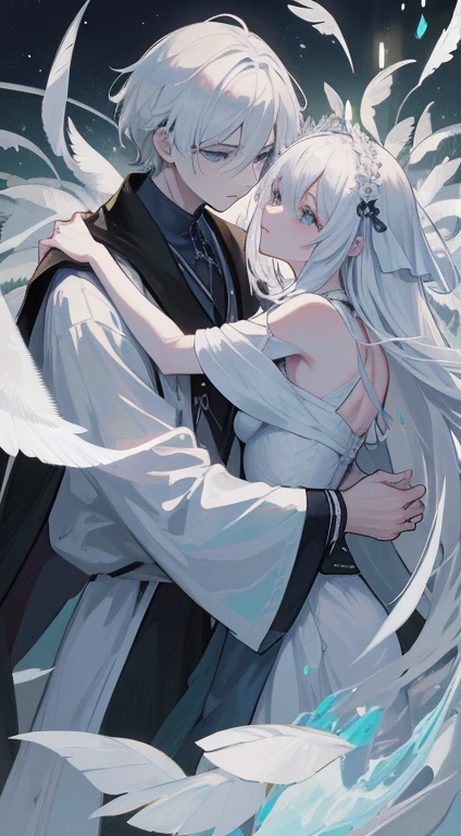 1man, Sharp blue eyes with sharp pupils, white sharp hair and he was wearing black noble robes and, Intimate hugs and kisses with his lovely wife ((41 year old face))、Deep bonds、Angelic smile、A lot of white feathers flutter、rays of moonlight、Parallel worlds、Naruki and Keiko