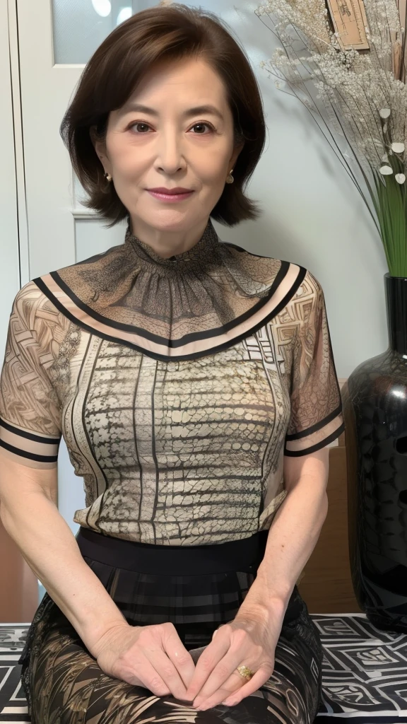High image quality, High image quality, attention to detail , masterpiece,( saggy body), anatomically accurate body that brings the breast to the center , sharp, (( Japanese:1.1)),(( mature woman )),(90-year-old woman:1.5),((Facial wrinkles)), Dark brown hair ,(Long Hair:1.1), bangs,((( sitting ))), Standing in the Center of the Screen ,Looking at the photographer,( Patterned Sheer Blouse :1.4),( Tight Skirt :1.2),( head to thigh :1.1),In the bedroom,( serious expressions:1.4),(elder:1.5),Ordinary housewife:1.3,Thin face,sharpcontour