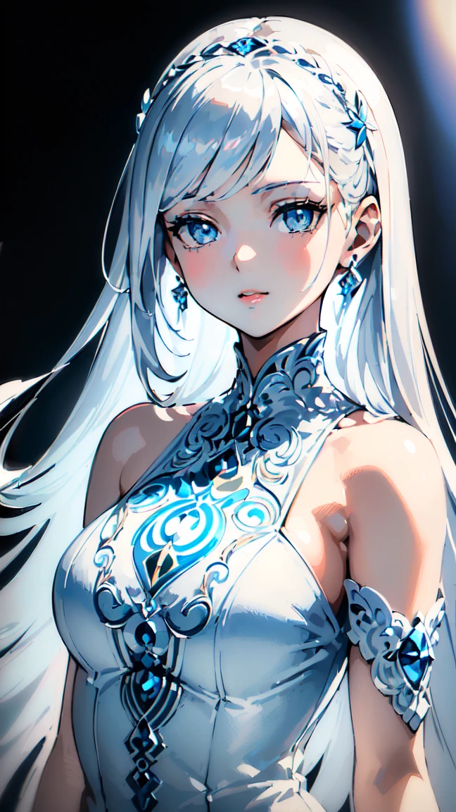 Masterpiece, the best quality,whiss, anime,Realistic,a 1girl, weiss schnee, solo, blue eyes, trappings, earings, Long Hair, parody, white colored hair, scar, Eye scar, hair ornament, Photo background, Side ponytail, scar on the face, Upper Body,