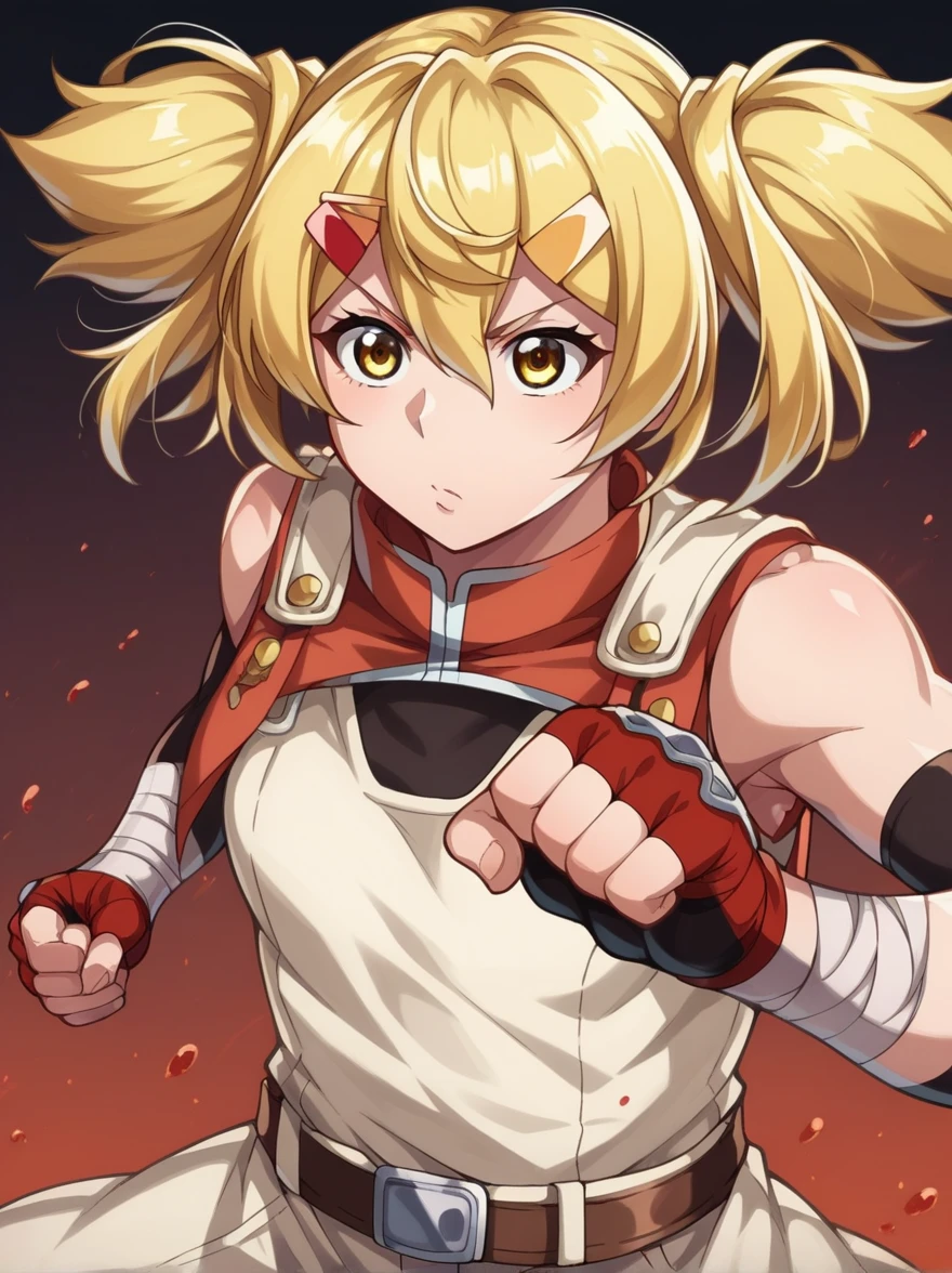  score_9,  score_8_up,  score_7_up, sauce_anime,
 Oikatsu , Yellow Eyes,  1 girl,  blond hair,  hair between eyes ,  hair ornament, bangs, Alone, short  twin tails,  twin tails,  hair clips,  and receive {x} attacks, fighting stance, 
Combat Uniform, Clenched fist, punch,  Medium Chest , bandage, Fingerless gloves, gap, Clenched fist,