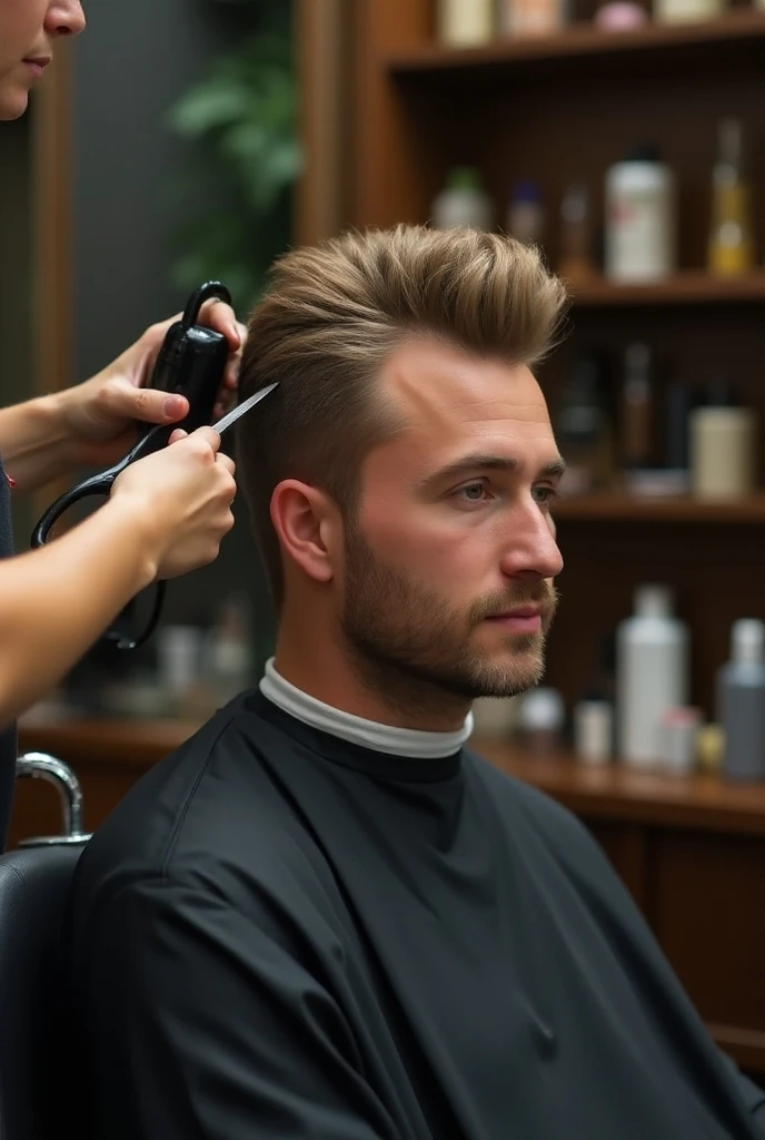 I'd like an image of Scarlett Johansson inside a barbershop. Na cena, she'll be holding a cordless haircutter, enquanto corta o cabelo do Hulk, who is sitting in the barber's chair and looking into the mirror. Scarlett will have her blonde hair pinned up, demonstrando sua beleza e profissionalismo enquanto realiza o hair cut no cliente gigante. I want the image to capture the interaction between them and the barbershop setting. A qualidade da imagem deve ser excepcional, com detalhes intrincados, cinematic lighting and sharp focus. O tamanho da imagem pode ser em 8k, com tecnologia HDR para melhorar a nitidez e a qualidade. This image will be used as wallpaper, That's why it's important that it's an impressive masterpiece.