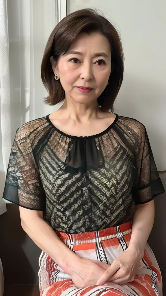    High image quality, High image quality,  attention to detail   , masterpiece,(Middle-aged body type),    anatomically accurate body that brings the breast to the center , sharp, (( Japanese:1.1)),(( mature woman )),(90-year-old woman:1.5),((Facial wrinkles)), Dark brown hair  ,(Long Hair:1.1), bangs,(((  sitting ))),  Standing in the Center of the Screen ,Looking at the photographer,( Patterned Sheer Blouse :1.4),(  Tight Skirt :1.2),(  head to thigh  :1.1),In the bedroom,( serious expressions:1.4),(elder:1.5),Ordinary housewife:1.3,Thin face,sharpcontour