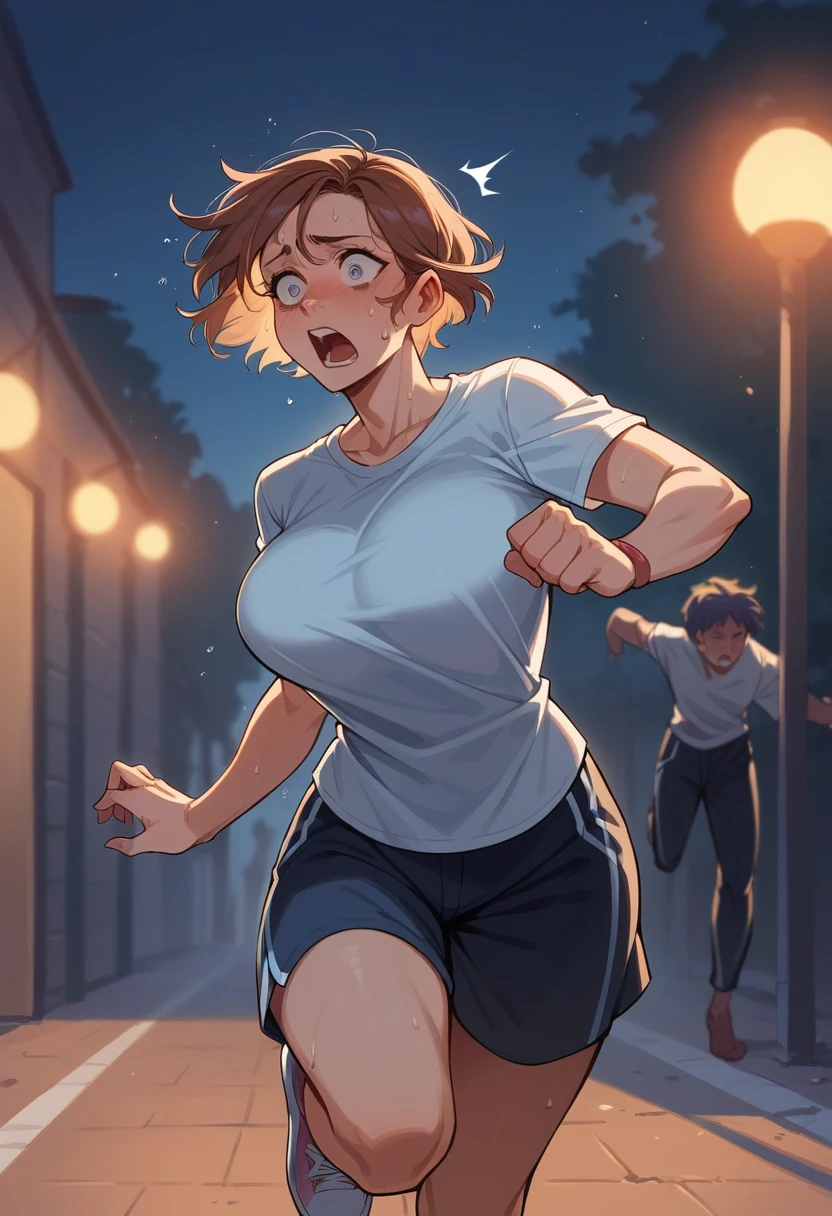 Beautiful student ,  big breasts shirt,  short hair, innocent ,Running home at night, Surprised,  scared , running away from someone ,  sweating too much , Agitated