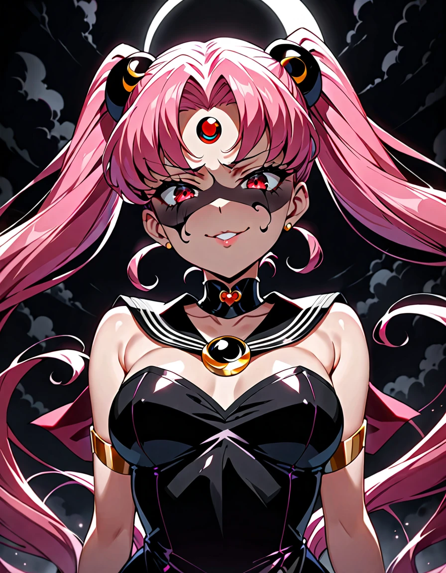  Sailor Moon's Wicked Lady, Pink Hair, Red eyes, ,  Black Crescent Moon Mark on Forehead , very evil smirk,beautiful body,shaded face(eyes in darkness),((masterpiece,best quality)), absurdes,black dress,upper body,beautiful face,,looking down at viewer,twintail,,Sadistic ridicule,look down,looking down at viewer, ,,from below,close up,Dark Side、Alone.1girl、darkness,wander,,Massive amounts of black mucus cover the world