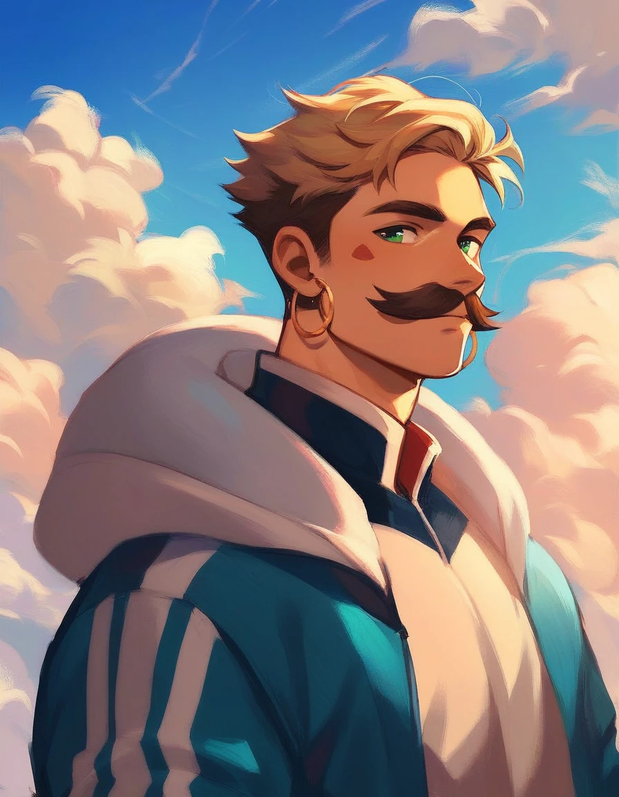 chibiNaruto,  1 boy ,  blond hair,  male focus , One, sky,  green eyes , cloud, day, mustache markings , , blue sky,  male , jacket,  outdoors,  upper body hoop earrings, cloudy sky