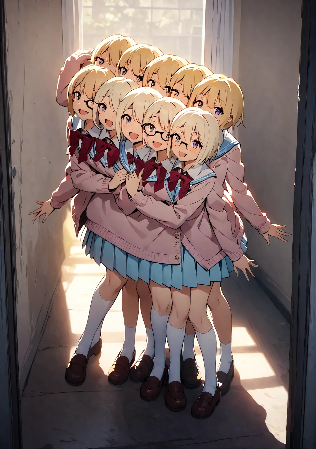 (masterpiece, best quality), best resolution, 16k, medium full shot, perspective view, front lighting, (schoolgirl, student, JK), 1girl, solo, (two heads, three heads: 1.5), (open eyes, open mouth, happy, smiling, wearing glasses), clean thick and thin lines, ribbons, anime cinematic, soft lighting, soft colors, digital painting, highly detailed, inside the classroom, indoor lighting