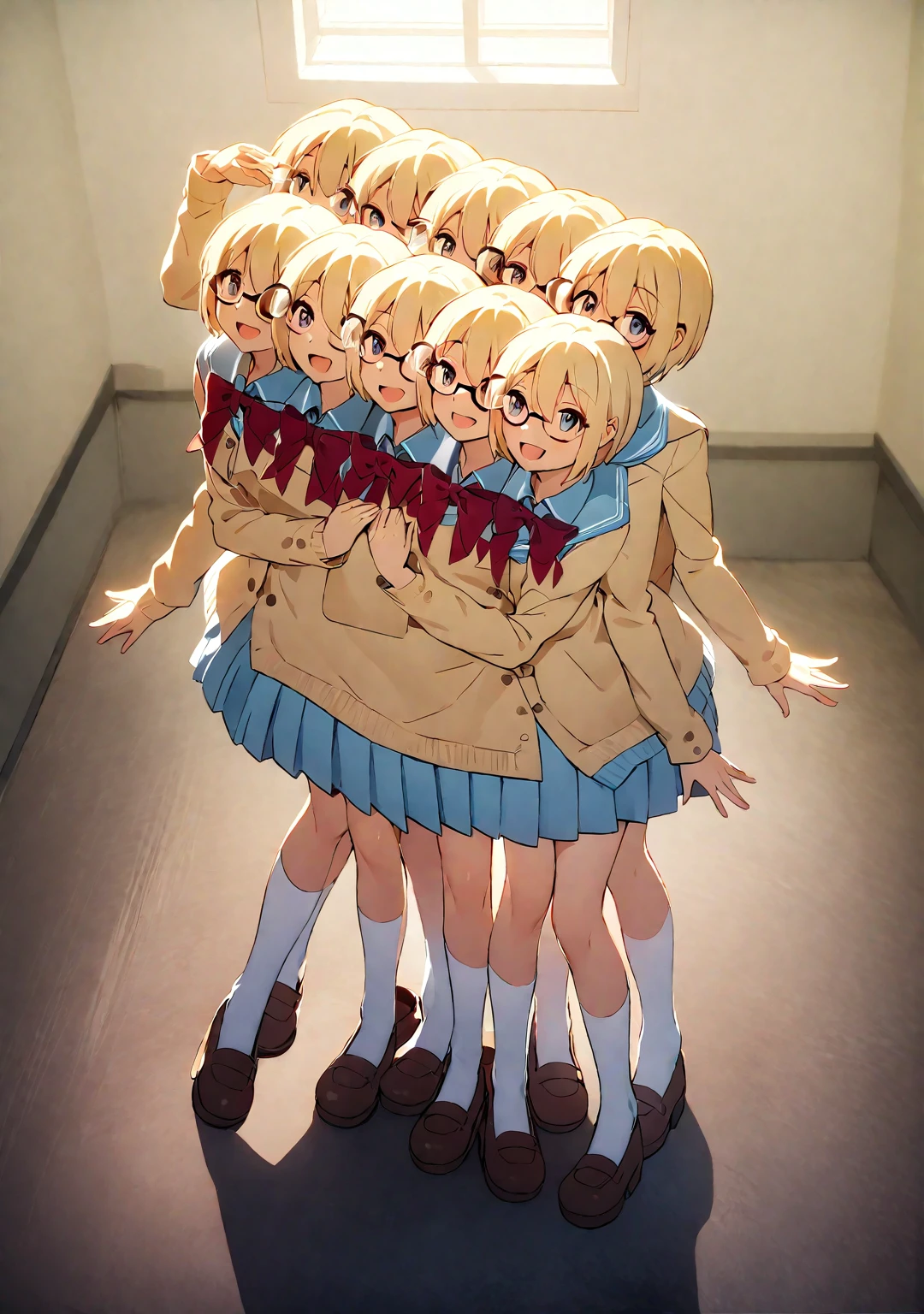 (masterpiece, best quality), best resolution, 16k, medium full shot, perspective view, front lighting, (schoolgirl, student, JK), 1girl, solo, (two heads, three heads: 1.5), (open eyes, open mouth, happy, smiling, wearing glasses), clean thick and thin lines, ribbons, anime cinematic, soft lighting, soft colors, digital painting, highly detailed, inside the classroom, indoor lighting