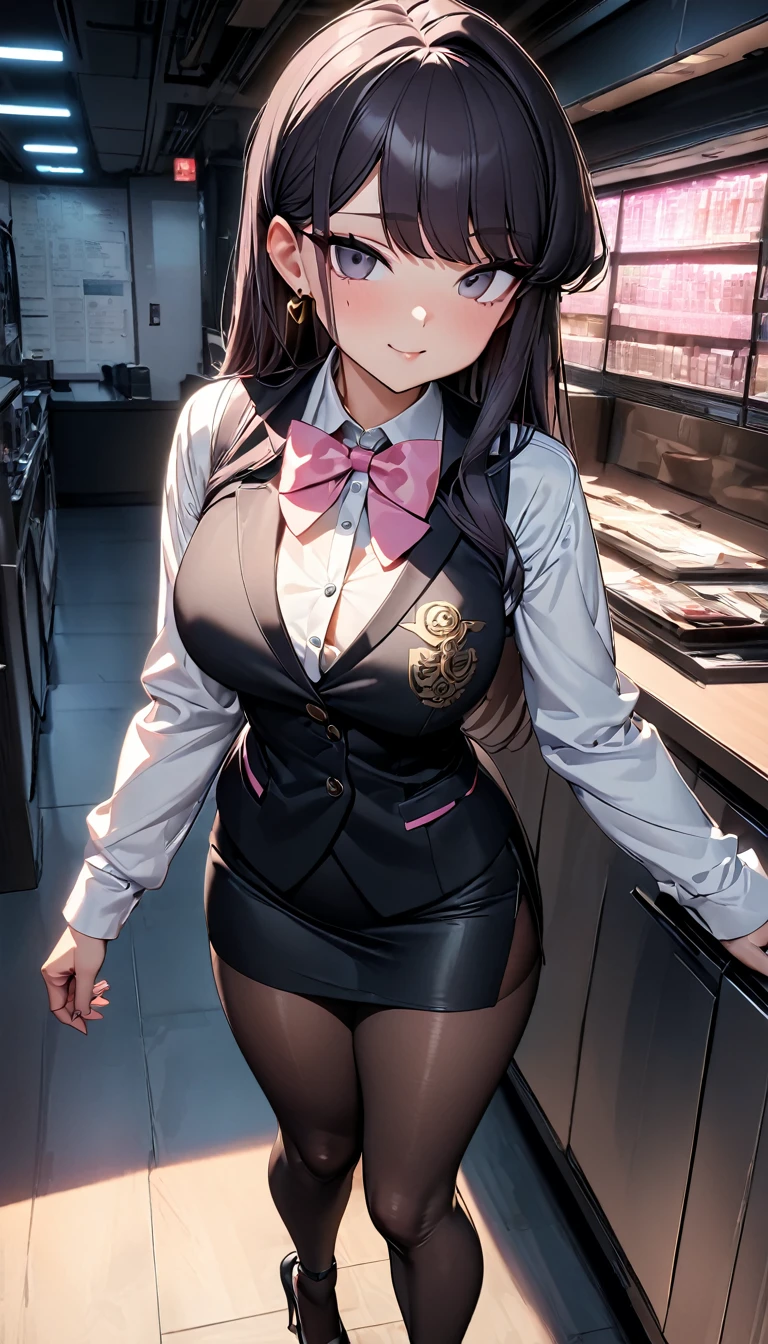 (Perfect Anatomy), Masterpiece, Ultra High Quality, 8k, masterpiece, Highest quality, Ultra-high resolution, Maximum resolution, Very detailed, Professional Lighting, anime, young female, 1 japanese 1 female, Komi Shouko, thin, so beautiful, Highly detailed eye, Highly detailed face, Golden earrings, Black Hair, Grey eyes, Straight bangs, full body, standing, (white and gray theme), (wearing a [[white and gray plaid pattern]] vest over a long sleeve white collared-shirt), (buttoned gray vest), show her butt, squeeze her butt cheeks, (Pink Theme), (pink ribbon bow), (black theme), (tight black pencil skirt), (pantyhose), (high heels),