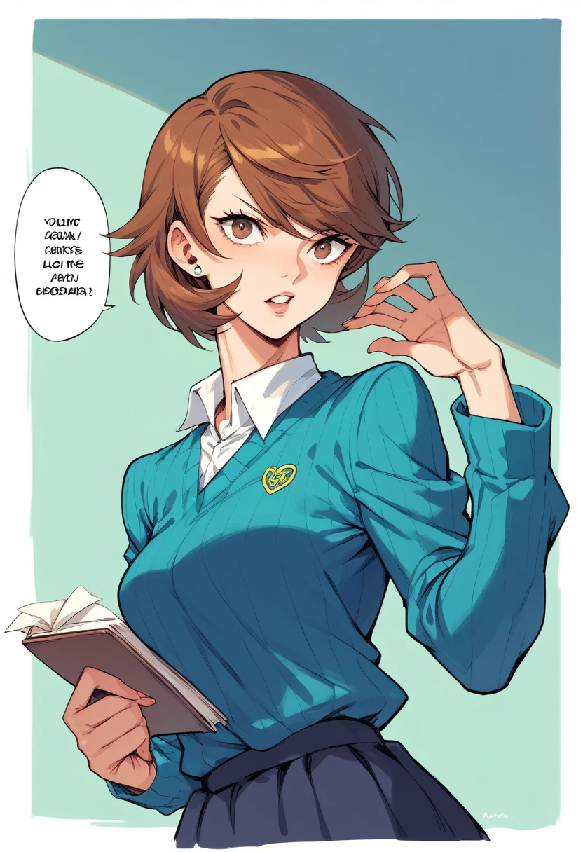 yukari takeba persona 3,  short brown hair, school, Talking with teacher, in love