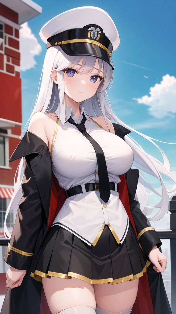 masterpiece, best quality, highres, aaenter, long hair, hat, white headwear, large breasts, black necktie, sleeveless shirt, white shirt, off shoulder, black coat, open coat, belt, pleated skirt, black skirt, black thighhighs, cowboy shot, standing, outdoors,