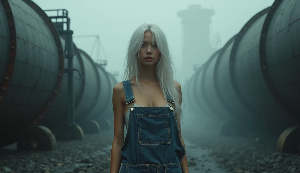 8 k,  deep resolution , shader ;  beautiful 22-year-old American woman with very long white tanks,  ,  this bizarre coal mining equipment ,  long straight dark tanks , she is naked,  emerging breasts , ( lemony denim aprons ) , ((((sideboob))  ))),  sparkle particles are present ,  Background fog  