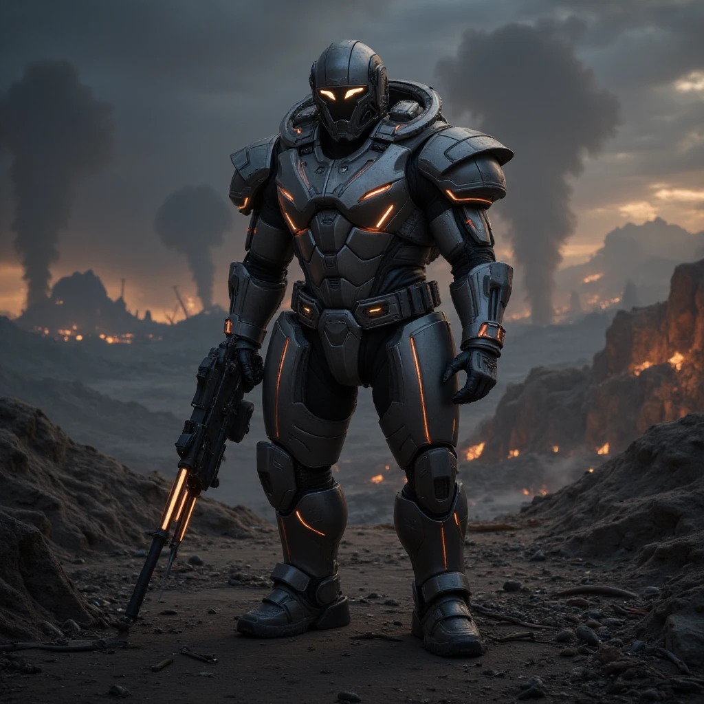 science fiction soldier in heavy armor. The soldier is clad in a high-tech, futuristic exoskeleton suit, featuring bulky, angular plates and glowing energy lines that run across the armor's surface. The helmet is sleek and fully enclosed, with a glowing visor that adds a sense of mystery. The armor is equipped with advanced weaponry, such as an energy rifle and a large, mechanized arm attachment. The background is a war-torn, alien battlefield with smoking craters, twisted metal, and a dark, ominous sky filled with distant explosions and spacecraft. The soldier stands in a powerful, ready-for-battle pose, exuding strength and determination. The overall composition should convey a sense of high-stakes conflict, advanced technology, and unwavering resolve in the face of an unknown threat.