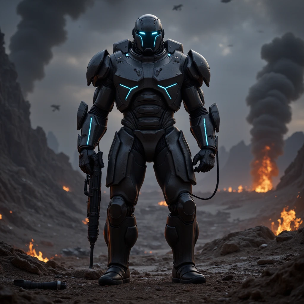 science fiction soldier in heavy armor. The soldier is clad in a high-tech, futuristic exoskeleton suit, featuring bulky, angular plates and glowing energy lines that run across the armor's surface. The helmet is sleek and fully enclosed, with a glowing visor that adds a sense of mystery. The armor is equipped with advanced weaponry, such as an energy rifle and a large, mechanized arm attachment. The background is a war-torn, alien battlefield with smoking craters, twisted metal, and a dark, ominous sky filled with distant explosions and spacecraft. The soldier stands in a powerful, ready-for-battle pose, exuding strength and determination. The overall composition should convey a sense of high-stakes conflict, advanced technology, and unwavering resolve in the face of an unknown threat.