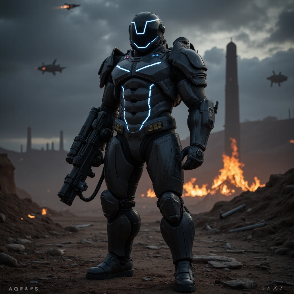 science fiction soldier in heavy armor. The soldier is clad in a high-tech, futuristic exoskeleton suit, featuring bulky, angular plates and glowing energy lines that run across the armor's surface. The helmet is sleek and fully enclosed, with a glowing visor that adds a sense of mystery. The armor is equipped with advanced weaponry, such as an energy rifle and a large, mechanized arm attachment. The background is a war-torn, alien battlefield with smoking craters, twisted metal, and a dark, ominous sky filled with distant explosions and spacecraft. The soldier stands in a powerful, ready-for-battle pose, exuding strength and determination. The overall composition should convey a sense of high-stakes conflict, advanced technology, and unwavering resolve in the face of an unknown threat.