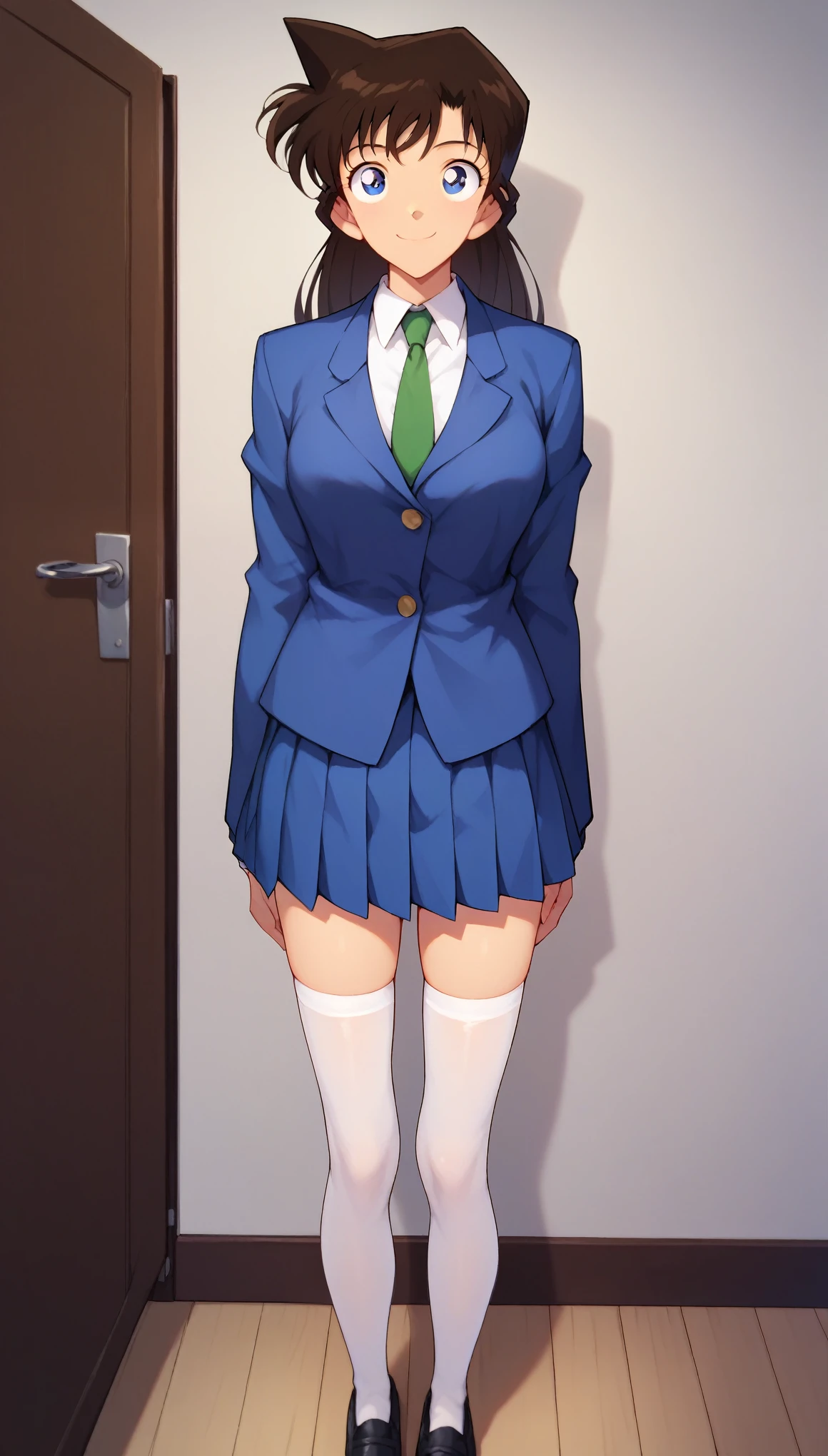 RanMoriDCXL, ran mori, detective conan, blue eyes, dark brown hair, long hair, 1 pointed hair, bangs, medium breasts, slender body, smile, blue jacket l, closed jacket, white shirt, green necktie, blue pleated short skirt, matching blue uniform, white stockings, black shoes, solo, standing, looking at viewer, indoors, facing viewers, front view, hands to the side, standing straight