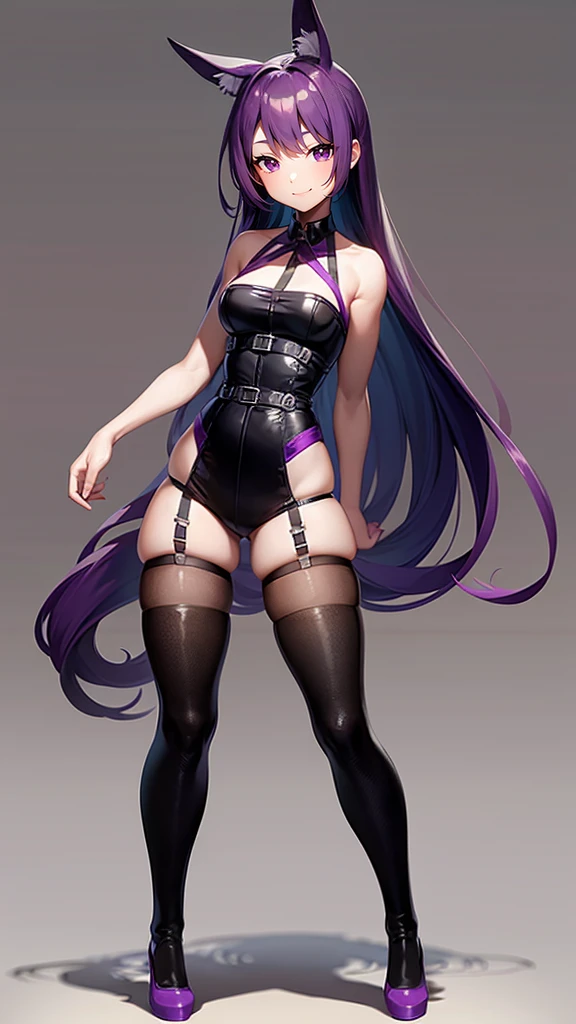 Girl with long purple hair, Slim, beatiful face, little chest, in leather shorts, Squatting, spreads the legs, ass