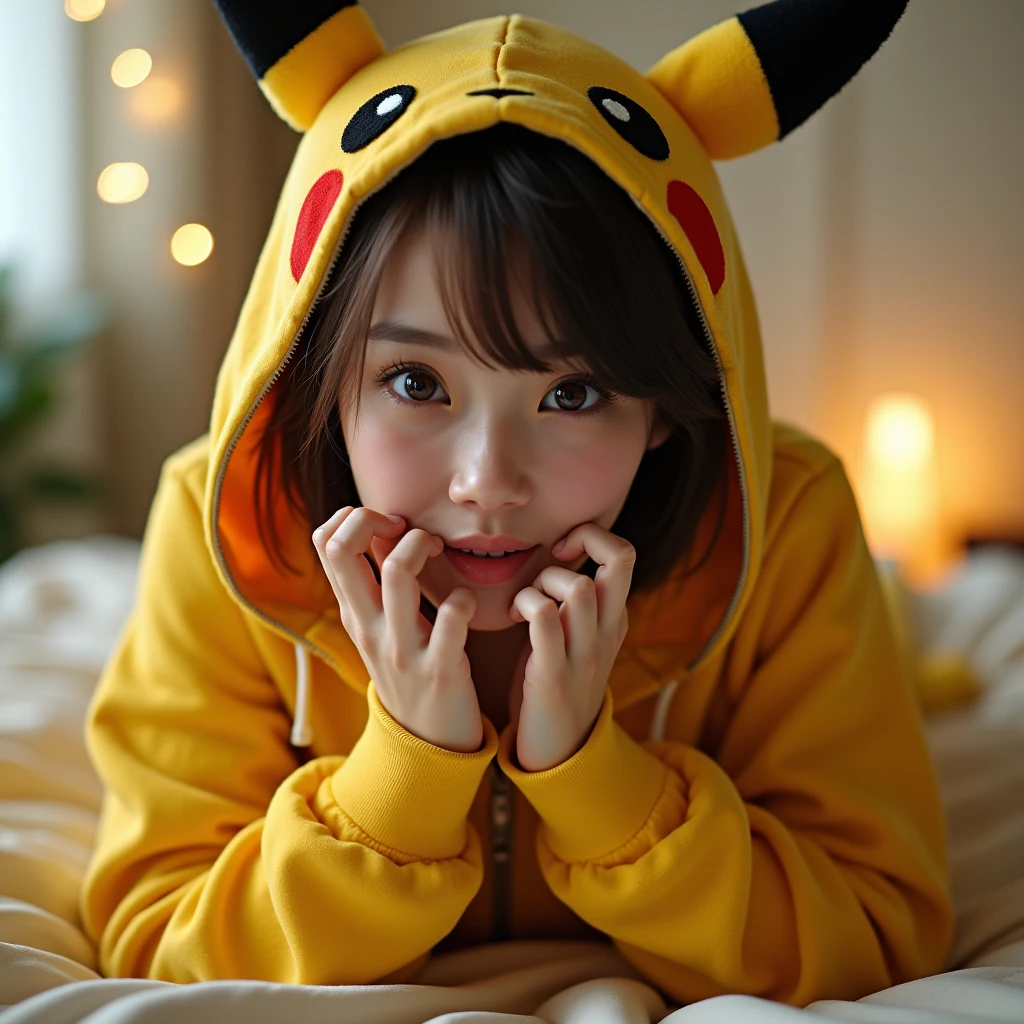 (Girl in ((Yellow)) Pikachu hood), (naked hoodie, hood loosely open) . masterpiece 8K best quality, (RAW PhotoRealistic HyperRealism:1.37) Ultra-detailed, (Acutance:0.85), VolumetricLighting, Studio gray background with (Colorful Light particles, Blurred colorful Lights dazzling bokeH:1.28), { on knees | kneeling | legs spread | hands above head | (Overflowing Gigantic Cleavage;1.2) | (Golden ray illuminating face) | (Photon Particles:0.95) } . BREAK . (((Extremely detailed KAWAII face))), perfect anatomy, Childish, CaptivatingGaze, Elaborate detailed Eyes with (Sparkling Highlights:1.28), Beautifull Pupils, (Voluminous Long Eyelashes:0.88)、Glossy Lips, Rosy Cheeks, (Detailed Flawless FineSkin, Radiant PearlSkin with Transparency), Shiny SilkyHair . { (joyful expressions:1.28) | (:d) }, (Large eyes:-1) .