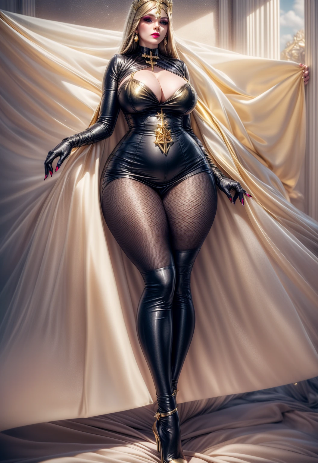 (Masterpiece, plain background:1.2) white short bob hair and skin, purple eyes, thin legs, thin body, leather corset and leather collar choker with golden neck bell, shackles wristbands bracers bracelets sleeves, bikini maid outfit, 1MILFWOMAN BIMBO full body standing symmetrical with both hands on hips, wide hips, view from below